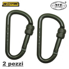 SET 2 PEZZI MOSCHETTONE 6cm CARABINER METAL MFH MILITARE SOFTAIR SURVIVOR VERDE