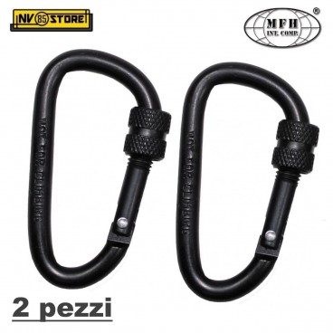 SET 2 PEZZI MOSCHETTONE 8cm CARABINER METAL MFH MILITARE SOFTAIR SURVIVOR NERO