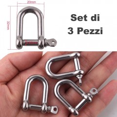 Set 3 Pezzi Grillo Moschettone INOX 20 mm U-Shape Chiusura Braccialetti PARACORD