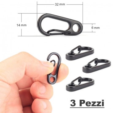 Set 3 Pezzi Mini Moschettone Inox Portachiavi Chiusura Braccialetti PARACORD BK