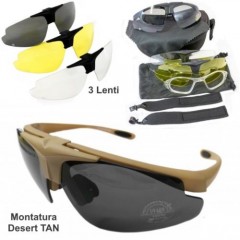 Occhiali Protettivi con 3 Lenti Intercambiabili GOGGLES SUNGLASSES Softair TAN