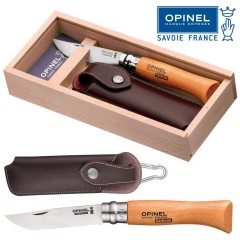 COLTELLO OPINEL N° 8 CARBONIO DA CAMPO CACCIA PESCA SURVIVOR FODERO CUOIO E BOX