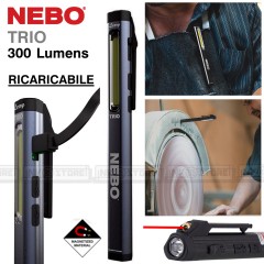 Torcia da Lavoro NEBO TRIO Base Magnetica Ricaricabile 300 Lumens + Red Laser