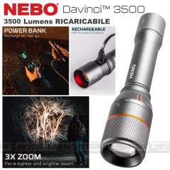 Torcia Led NEBO DAVINCI 3500 Lumen RICARICABILE Tascabile Zoom 3X 130 Metri