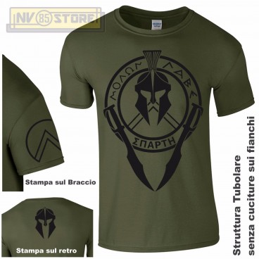 Maglia T-SHIRT Militare SPARTAN MOLON LABE Elmo Spartano Maglietta Uomo Verde